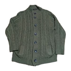 Botvela Mens XXL Green Cable Knit Fisherman Cardigan Preppy Wool Blend Pockets